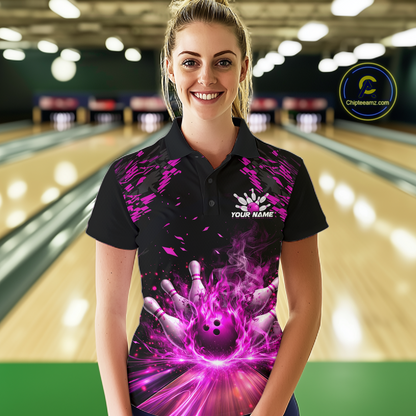 Custom Pink Flame Bowling Team Shirt for Women Polo & 1/4-Zip Bowling Jersey Bowling League Uniform QZT866
