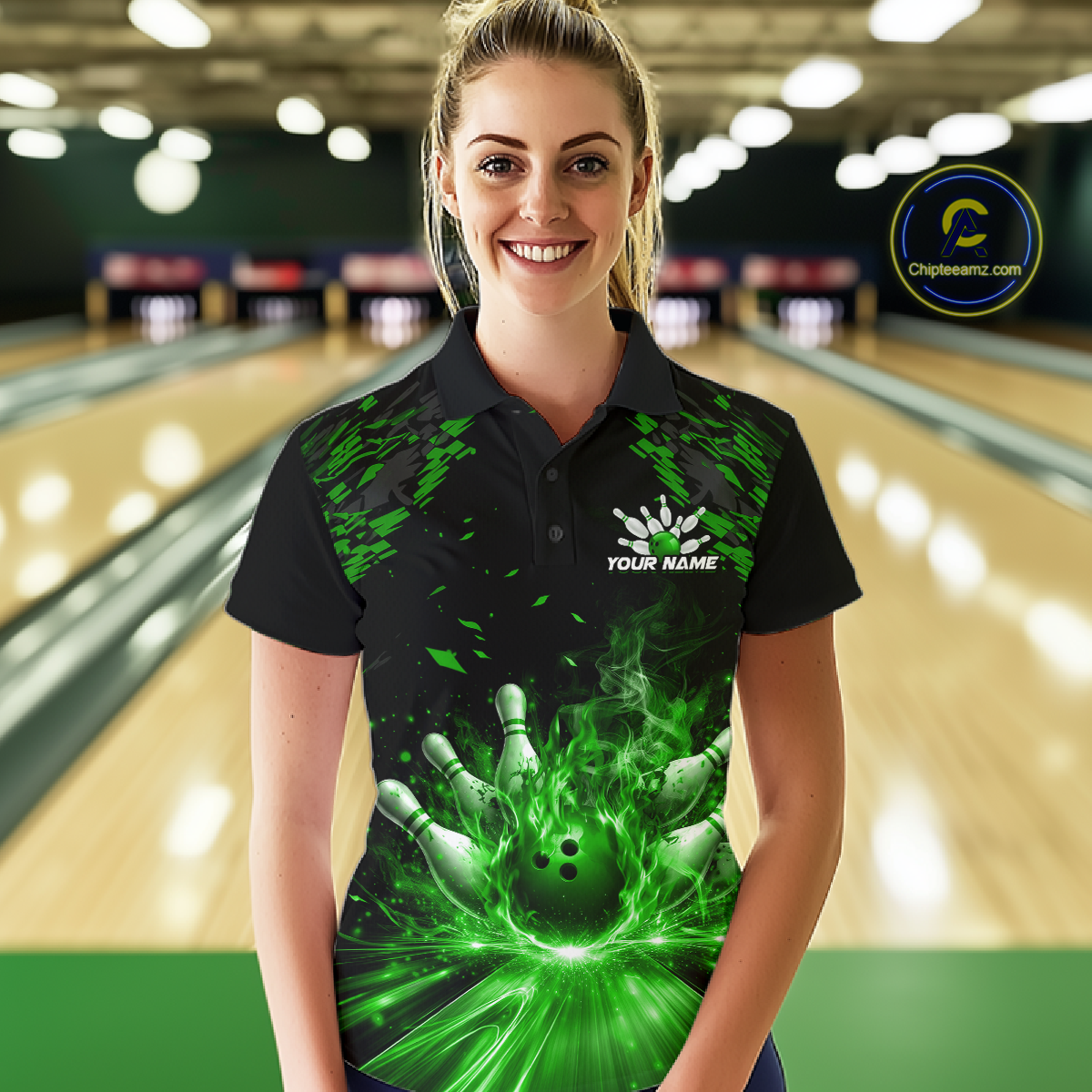 Custom Green Flame Bowling Team Shirt for Women Polo & 1/4-Zip Bowling Jersey Bowling League Uniform QZT866