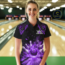 Load image into Gallery viewer, Custom Purple Flame Bowling Team Shirt for Men Polo &amp; 1/4-Zip Bowling Jersey Bowling League Uniform QZT866