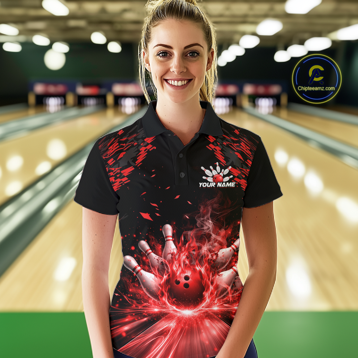 Custom Red Flame Bowling Team Shirt for Men Polo & 1/4-Zip Bowling Jersey Bowling League Uniform QZT866