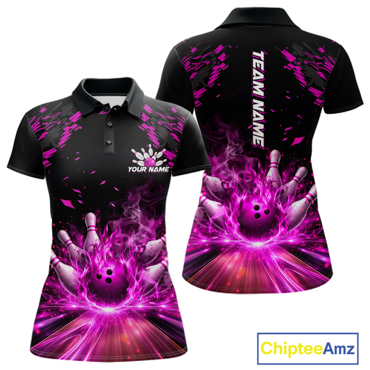 Custom Pink Flame Bowling Team Shirt for Women Polo & 1/4-Zip Bowling Jersey Bowling League Uniform QZT866