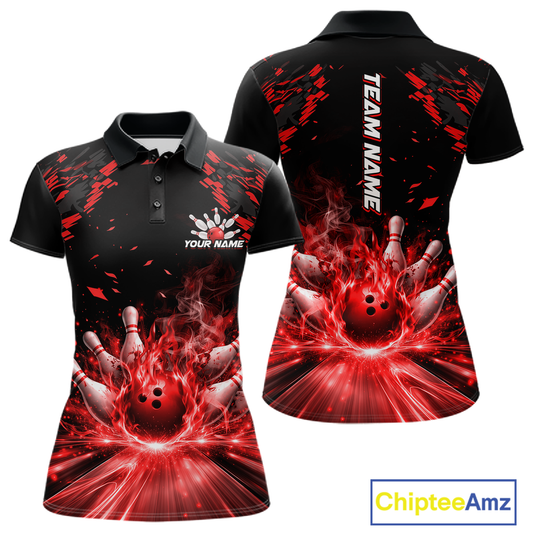 Custom Red Flame Bowling Team Shirt for Men Polo & 1/4-Zip Bowling Jersey Bowling League Uniform QZT866