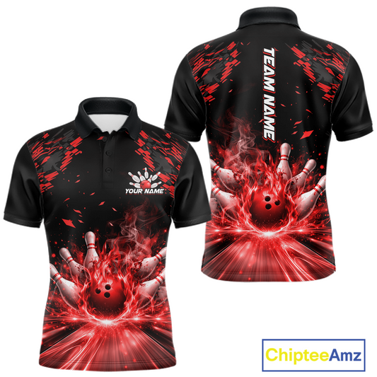 Custom Red Flame Bowling Team Shirt for Men Polo & 1/4-Zip Bowling Jersey Bowling League Uniform QZT866