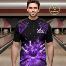 Load image into Gallery viewer, Custom Purple Flame Bowling Team Shirt for Men Polo &amp; 1/4-Zip Bowling Jersey Bowling League Uniform QZT866