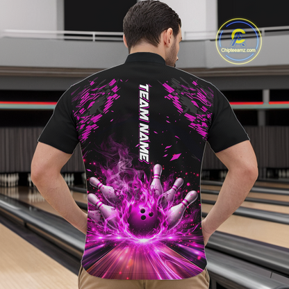 Custom Pink Flame Bowling Team Shirt for Men Polo & 1/4-Zip Bowling Jersey Bowling League Uniform QZT866