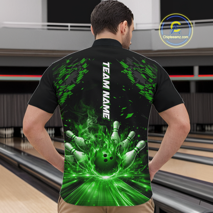 Custom Green Flame Bowling Team Shirt for Men Polo & 1/4-Zip Bowling Jersey Bowling League Uniform QZT866