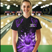 Load image into Gallery viewer, Custom Purple Flame Bowling Team Shirt for Men Polo &amp; 1/4-Zip Bowling Jersey Bowling League Uniform QZT866