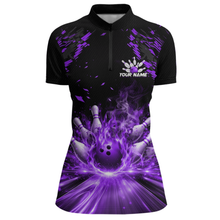 Load image into Gallery viewer, Custom Purple Flame Bowling Team Shirt for Men Polo &amp; 1/4-Zip Bowling Jersey Bowling League Uniform QZT866
