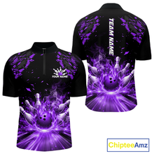 Load image into Gallery viewer, Custom Purple Flame Bowling Team Shirt for Men Polo &amp; 1/4-Zip Bowling Jersey Bowling League Uniform QZT866