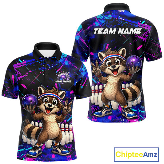 Custom Neon Funny Raccoon Bowling Team Jersey for Men Bowling Shirt Bowling Tournament Polo & 1/4-Zip QZT957