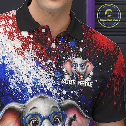 Close-up collar view of custom American Flag elephant bowling polo shirt with personalized name detail.