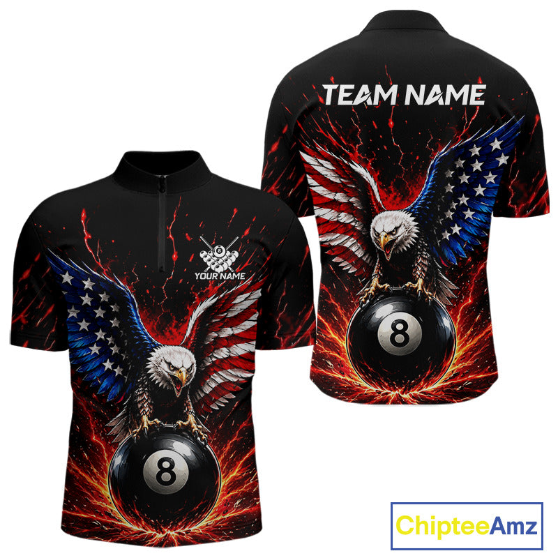 Black quarter-zip jersey with eagle design and 8-ball, customizable text on a white background