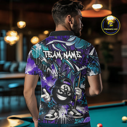 Person wearing a colorful polo shirt with a pool ball design in a bar setting