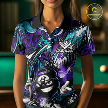 Load image into Gallery viewer, Person wearing a colorful polo shirt with a 8-ball design in front of a pool table.