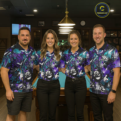 Four people wearing matching billiard shirts in a pool hall.