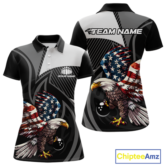 Custom American Flag Eagle Bowling Polo Shirt Quarter-Zip Bowling Jersey for Women QZT819