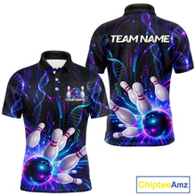 Load image into Gallery viewer, Custom Neon DNA bowling polo shirt, front and back views, bowling league jersey for men