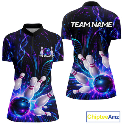 Custom Neon DNA bowling quarter-zip shirt, front and back views, bowling league jersey for women