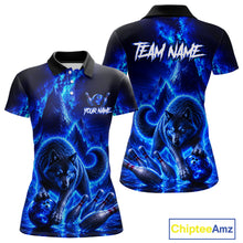 Load image into Gallery viewer, Blue wolf-themed polo shirts with customizable text on a white background
