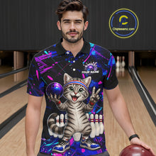 Load image into Gallery viewer, Man wearing a colorful bowling-themed polo shirt with a cat design in a bowling alley.
