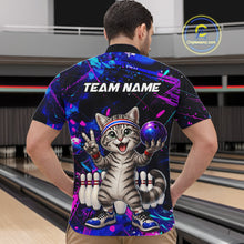 Load image into Gallery viewer, Person wearing a colorful bowling shirt with a cat graphic and 'TEAM NAME' text in a bowling alley.