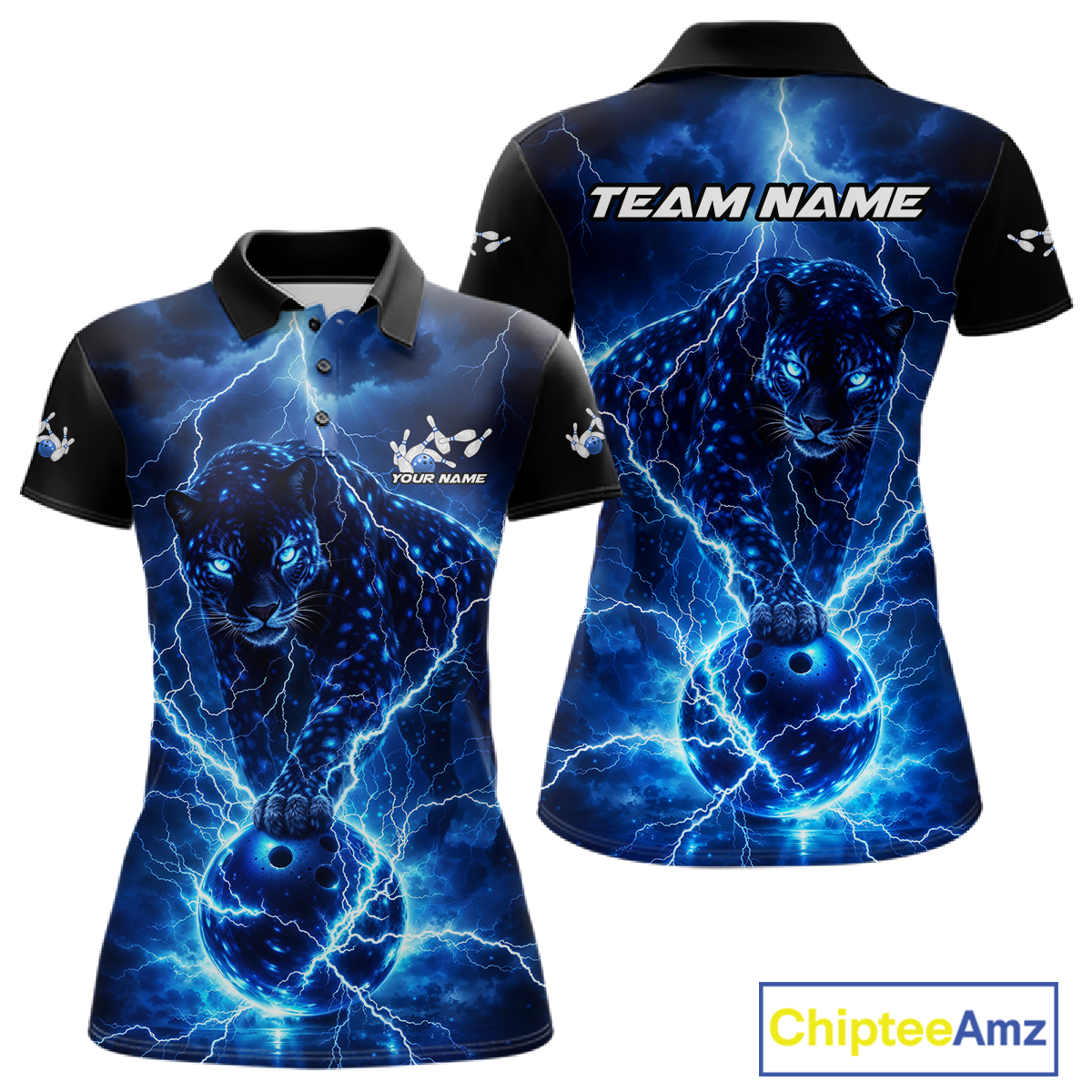 Custom Blue Lightning Thunder Leopard Bowling Shirt Polo & 1/4 Zip Bowling League for Men QZT833