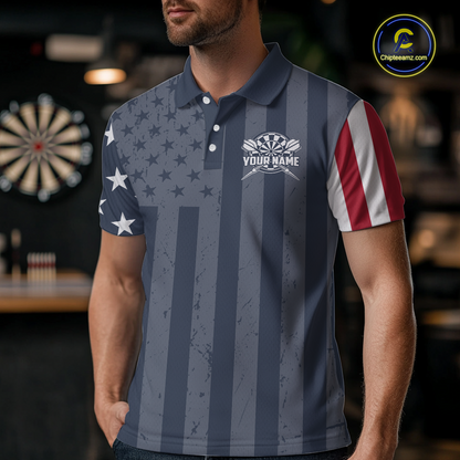 Male model wearing a personalized darts polo shirt with distressed stars, vertical stripes, and a red and white striped left sleeve.