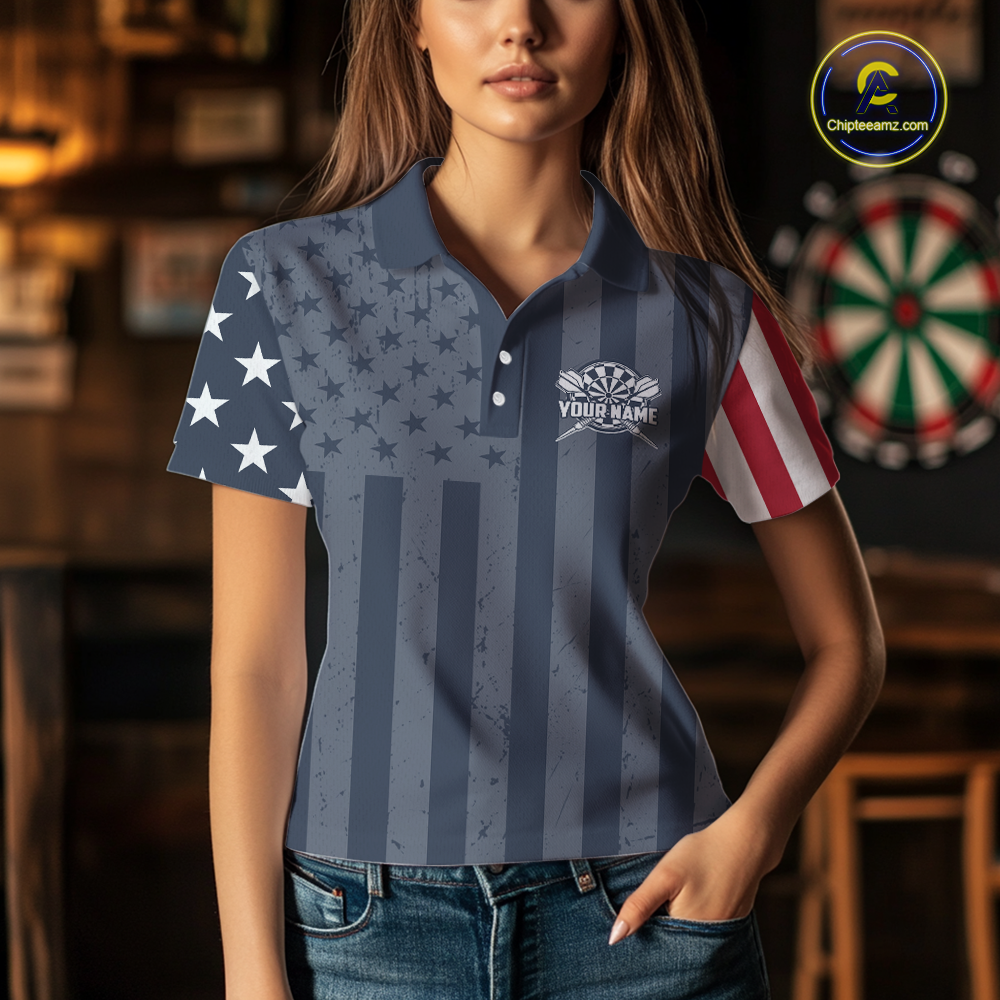 Female model wearing a personalized darts polo shirt with distressed stars, vertical stripes, and a red and white striped left sleeve.