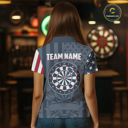 Back view of a female model showing off a retro style custom darts shirt with a large dartboard and red 'TEAM NAME' printed across the shoulders.