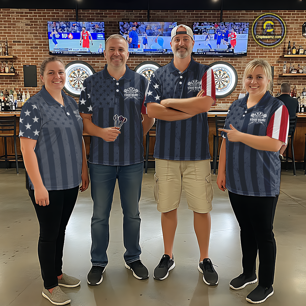 Group of darts players at a pub wearing matching vintage-style custom polo shirts with asymmetric US flag sleeves