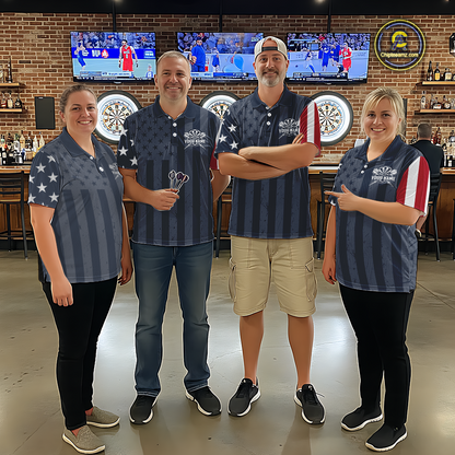 Group of darts players at a pub wearing matching vintage-style custom polo shirts with asymmetric US flag sleeves