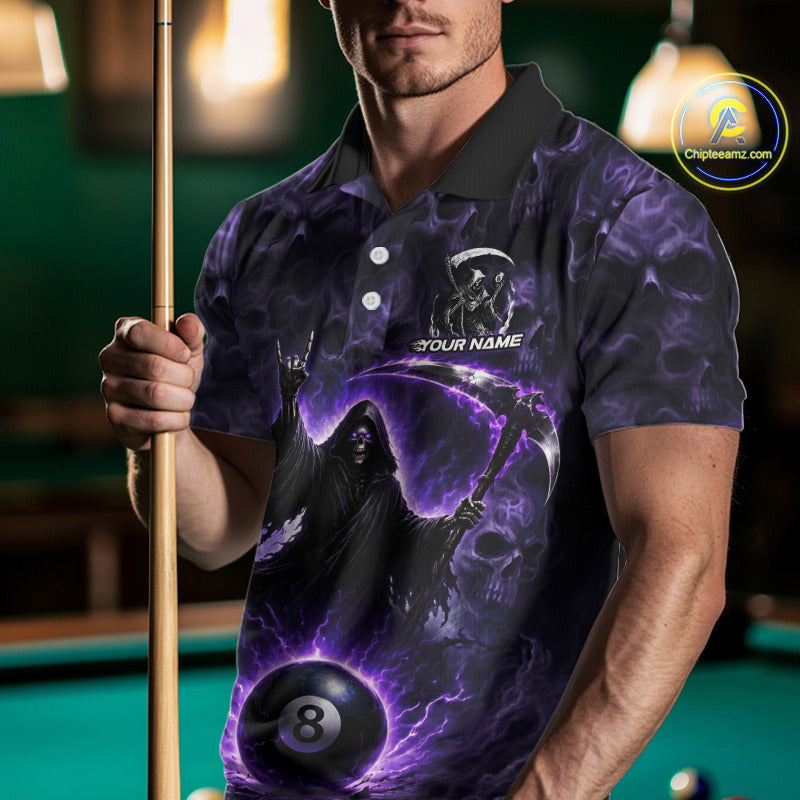 Man wearing a custom polo shirt with a purple design holding a pool cue on a billiards table.
