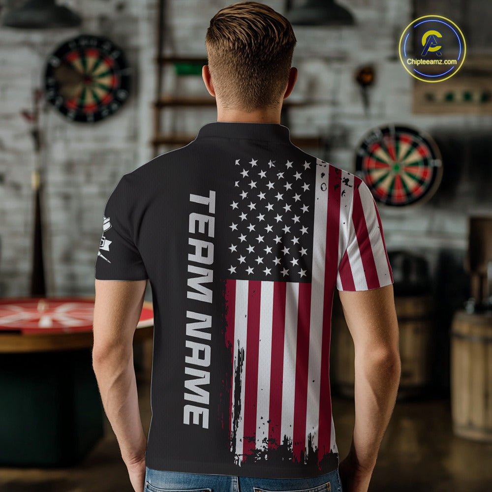 Back view of a man wearing a custom brown dart polo with personalized team name and a distressed American flag graphic in a professional dart room.