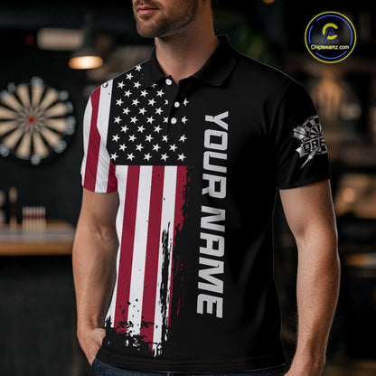 A man wearing a custom patriotic dart polo shirt featuring a distressed American flag graphic in a professional dart room.