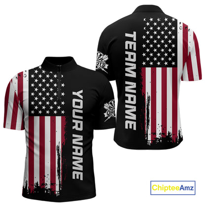 Front and back view of a custom patriotic dart quarter zip featuring a distressed American flag graphic with personalized team name and player name.