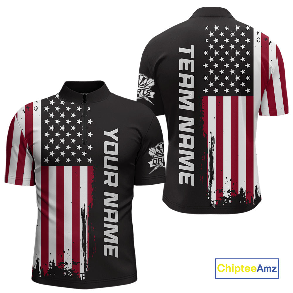 Front and back view of a custom brown dart quarter zip featuring a distressed American flag graphic with personalized team name and player name.