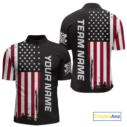 Front and back view of a custom brown dart quarter zip featuring a distressed American flag graphic with personalized team name and player name.