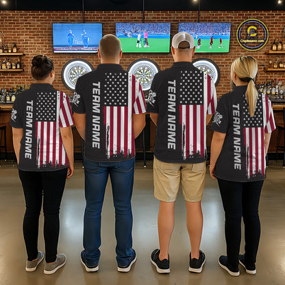 Back view of four people wearing matching custom brown dart polo shirts with personalized team names and distressed American flag graphics in a professional dart room.