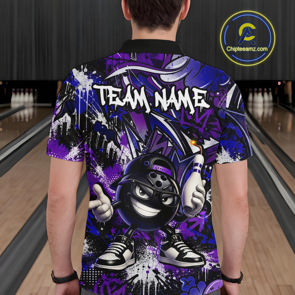 Person wearing a colorful bowling-themed shirt with 'TEAM NAME' text in a bowling alley.