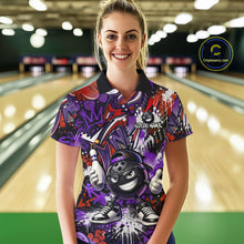 Load image into Gallery viewer, Custom Purple Red Graffiti Funny Bowling Mascot Shirt for Women Polo &amp; 1/4 Zip for Bowling Team QZT1062