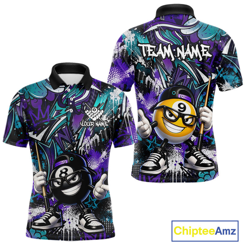 Purle teal billiard shirt with cartoon characters and 'Team Name' text, featuring the Chiptee Amz brand.
