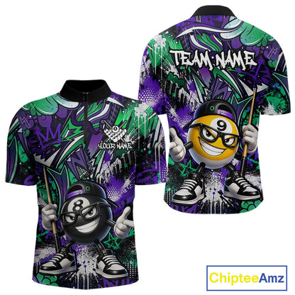 Purple green bowling shirt with cartoon billiard ball design and 'Team Name' text on a white background.