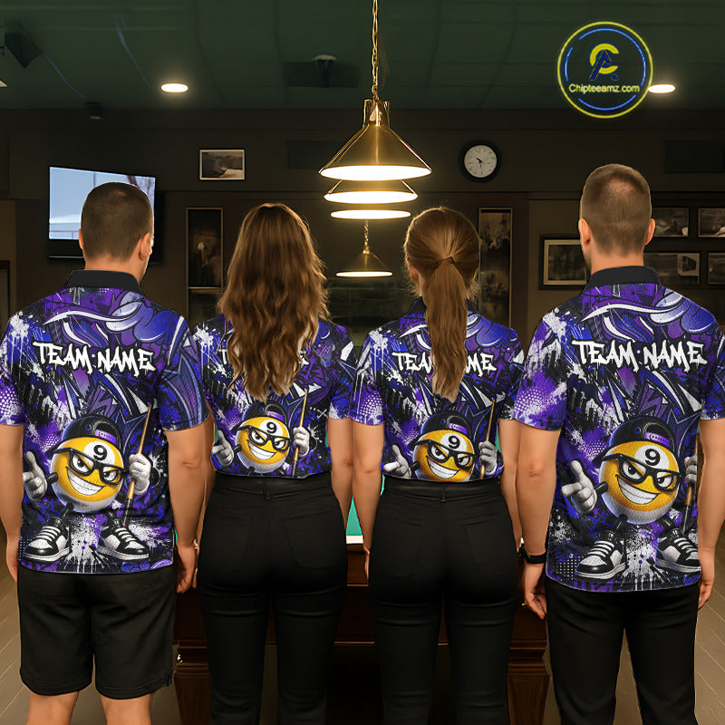 Four people wearing matching purple billiard shirts with a team logo in a pool hall.