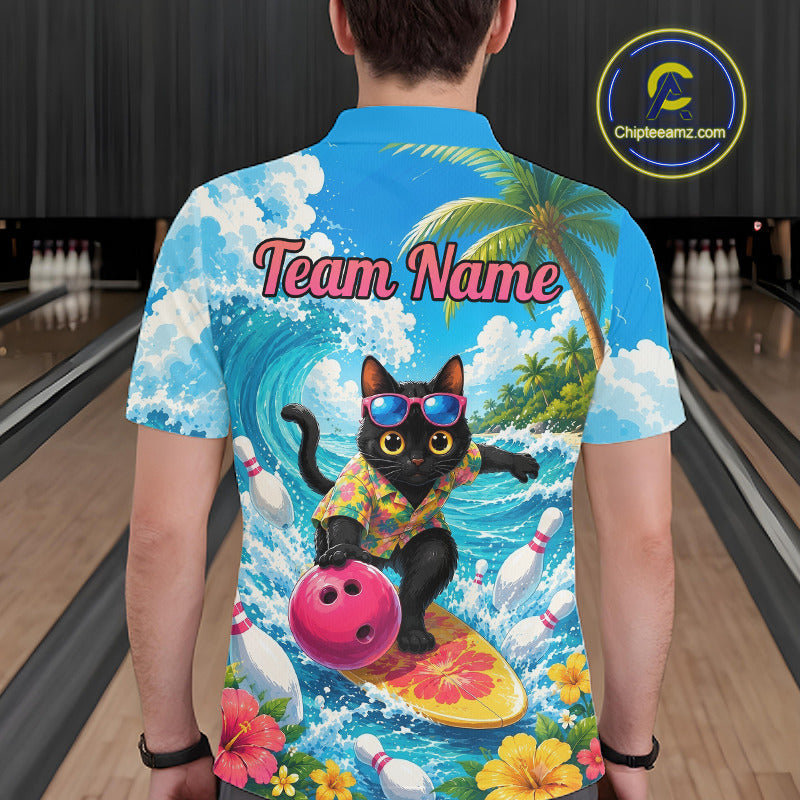 A man viewed from behind wearing a short-sleeve crewneck shirt with a vibrant, full-back graphic print. The print features a black cat surfing on a yellow board with a pink bowling ball, surrounded by palm trees, waves, and bowling pins.