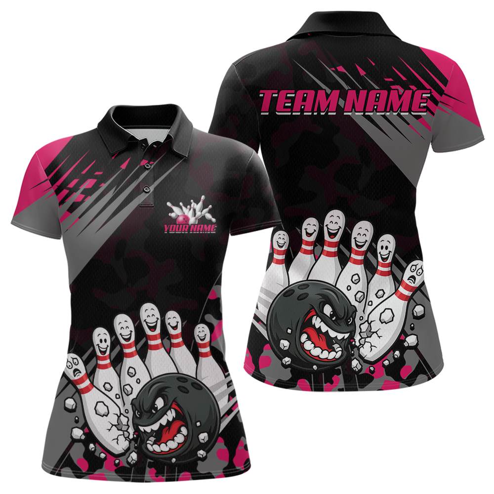 Custom Pink Funny Bowling Shirt Crazy Bowling Jersey Women Polo & 1/4 Zip Bowling Outfit QZT785