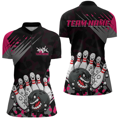 Custom Pink Funny Bowling Shirt Crazy Bowling Jersey Women Polo & 1/4 Zip Bowling Outfit QZT785