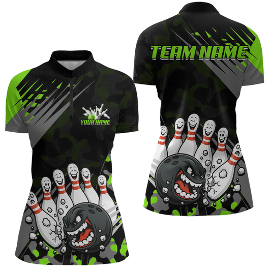 Custom Green Funny Bowling Shirt Crazy Bowling Jersey Women Polo & 1/4 Zip Bowling Outfit QZT785