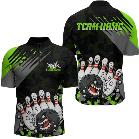Custom Green Funny Bowling Shirt Crazy Bowling Jersey Men Polo & 1/4 Zip Bowling Outfit QZT785