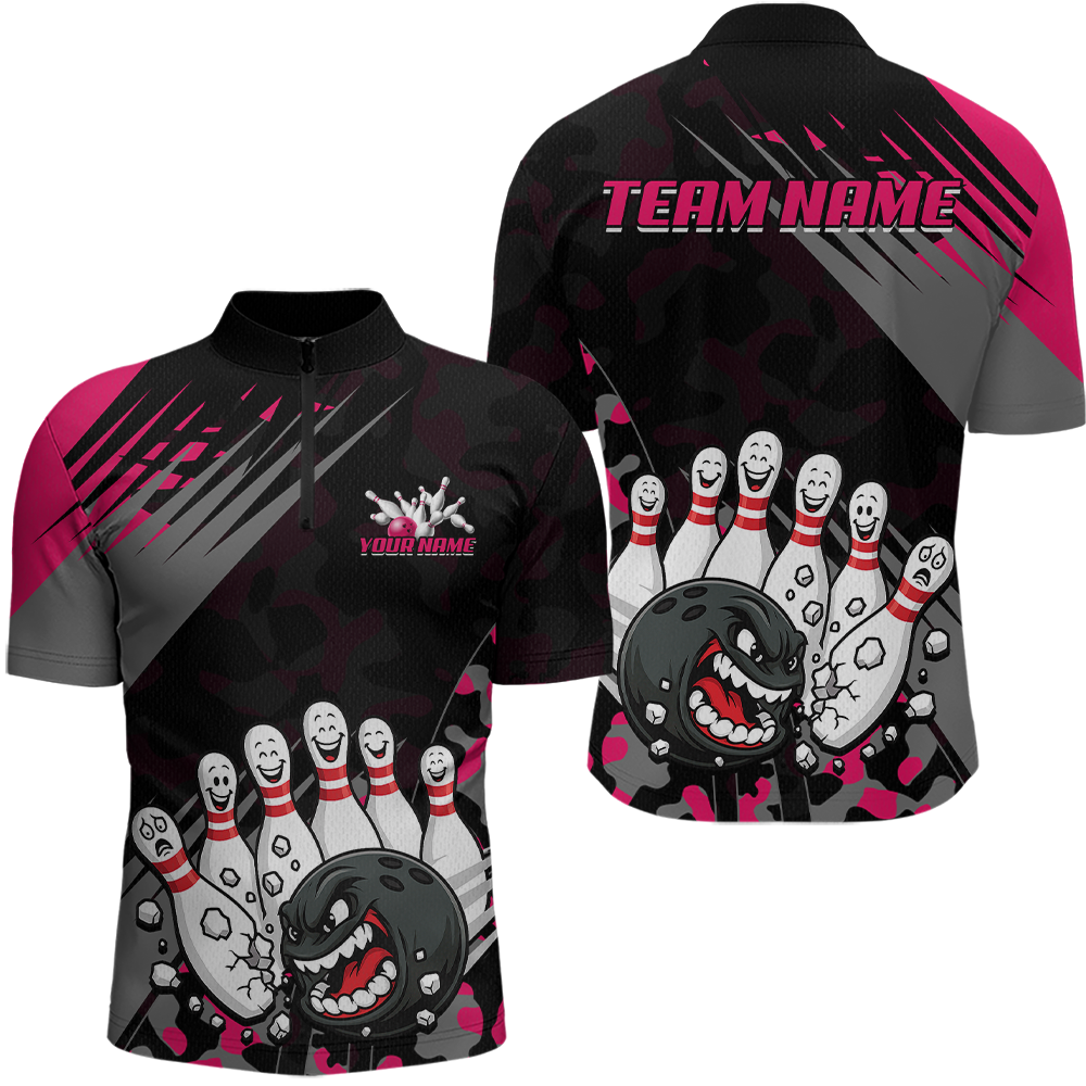 Custom Pink Funny Bowling Shirt Crazy Bowling Jersey Men Polo & 1/4 Zip Bowling Outfit QZT785