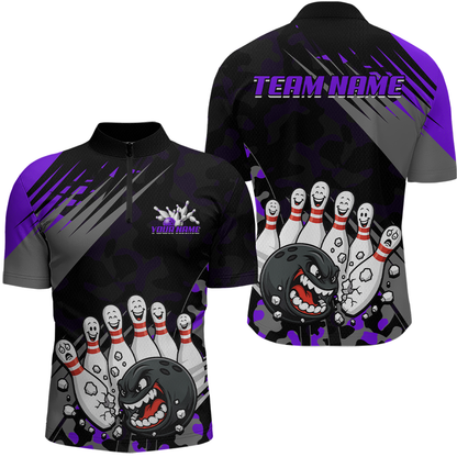 Custom Purple Funny Bowling Shirt Crazy Bowling Jersey Men Polo & 1/4 Zip Bowling Outfit QZT785